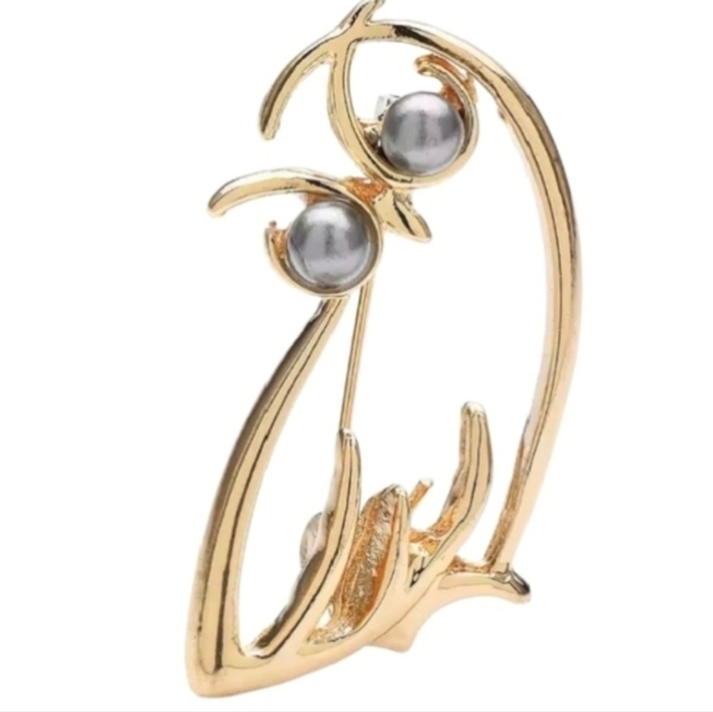 New Elegant Grey Pearl Gold-tone Minimalist Owl Brooch Pin Bag Hat Charm Jacket